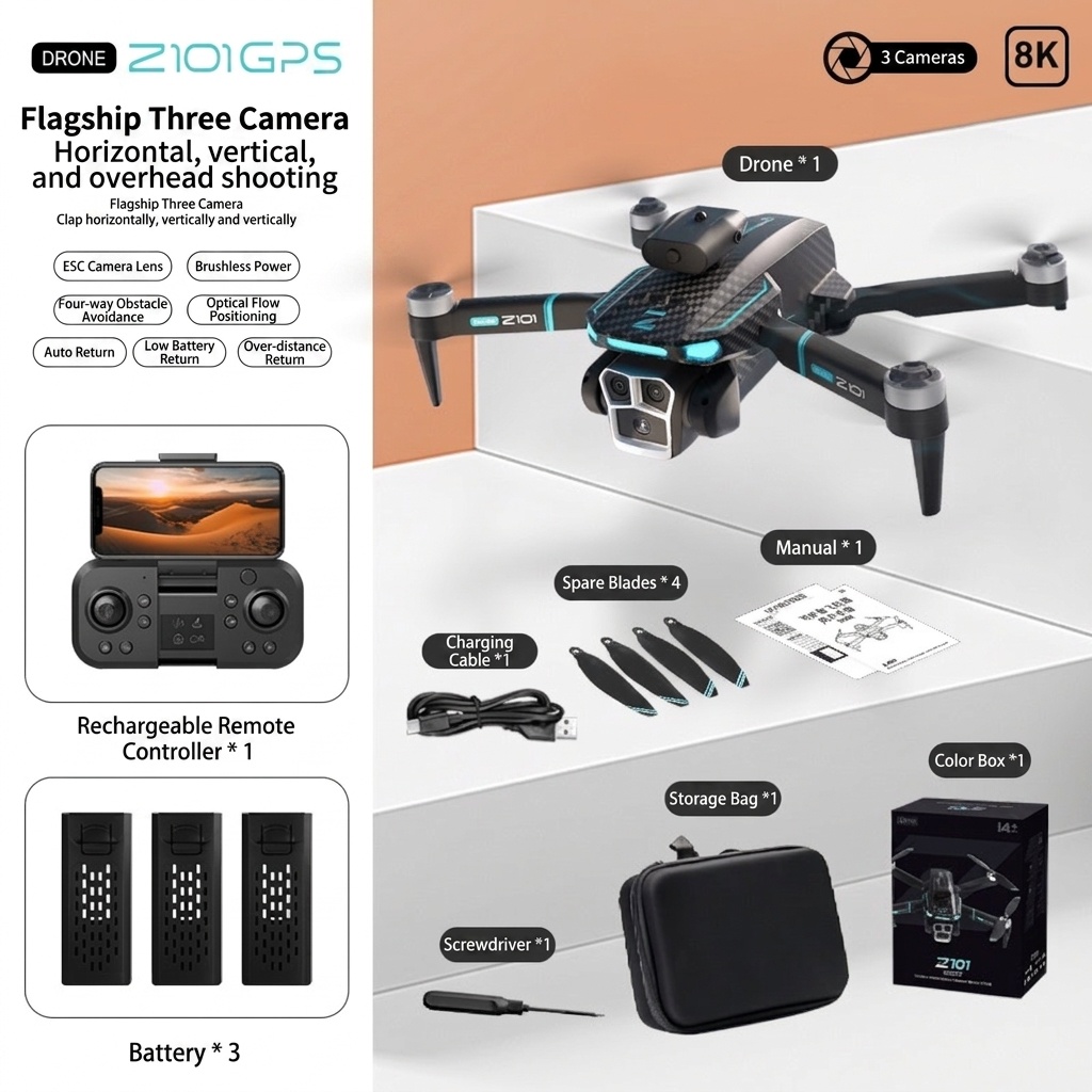 Z101 GPS Brushless Drone with 8K Triple Camera, Intelligent Obstacle Avoidance, Auto Return, Foldable RC Quadcopter for Adults