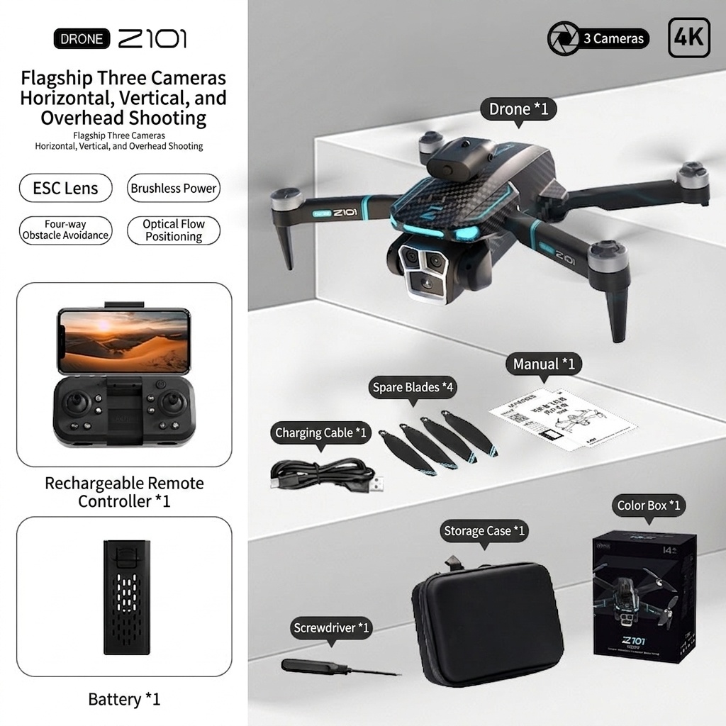 Z101 GPS Brushless Drone with 8K Triple Camera, Intelligent Obstacle Avoidance, Auto Return, Foldable RC Quadcopter for Adults