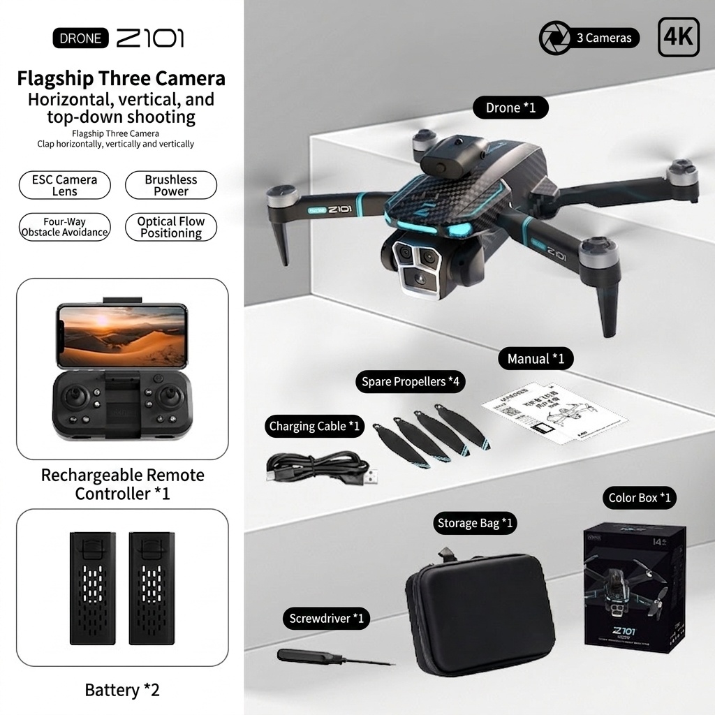 Z101 GPS Brushless Drone with 8K Triple Camera, Intelligent Obstacle Avoidance, Auto Return, Foldable RC Quadcopter for Adults
