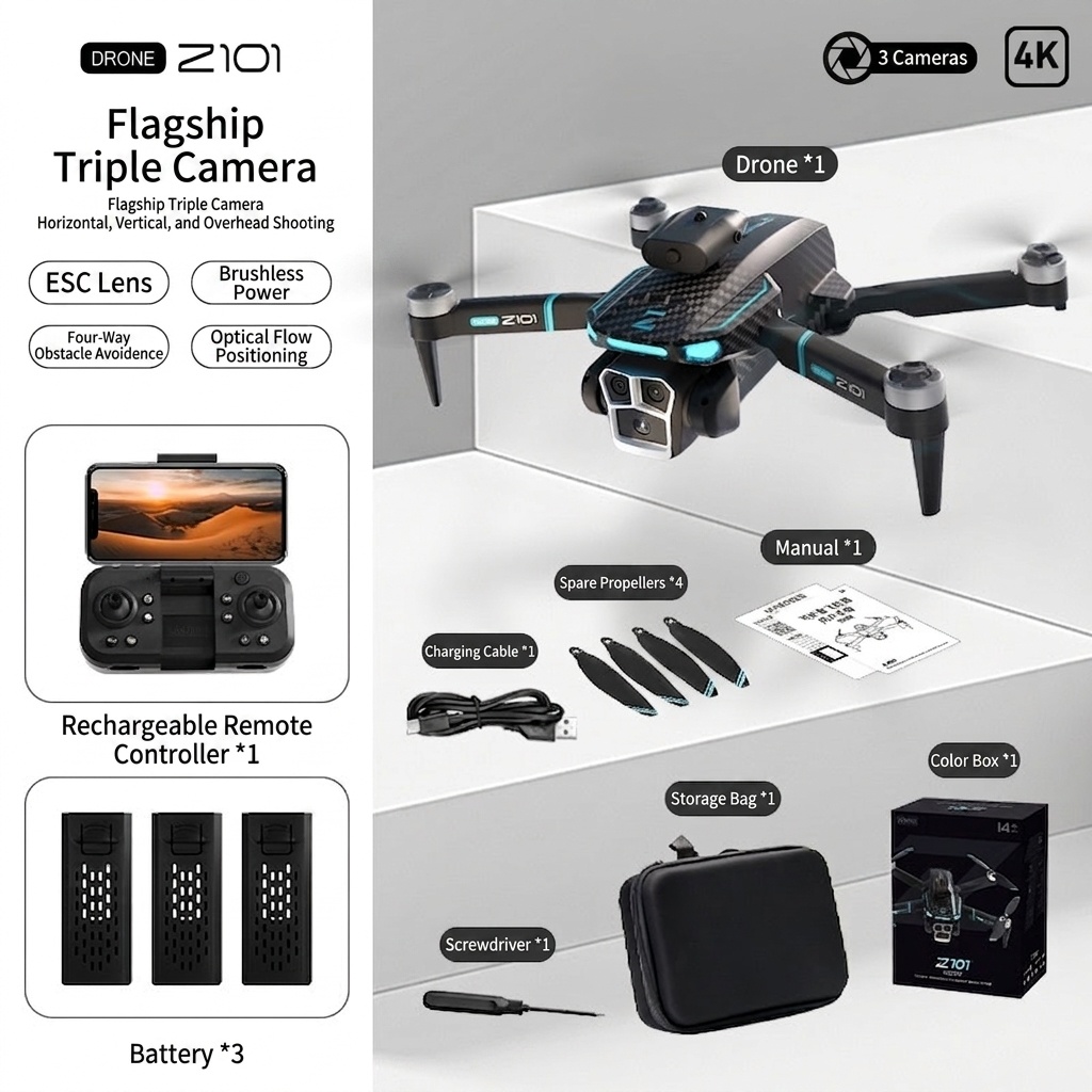 Z101 GPS Brushless Drone with 8K Triple Camera, Intelligent Obstacle Avoidance, Auto Return, Foldable RC Quadcopter for Adults