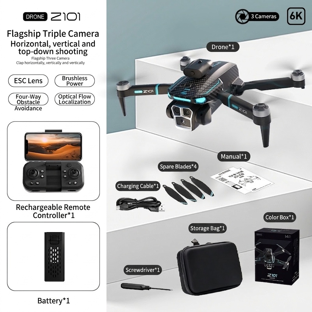 Z101 GPS Brushless Drone with 8K Triple Camera, Intelligent Obstacle Avoidance, Auto Return, Foldable RC Quadcopter for Adults
