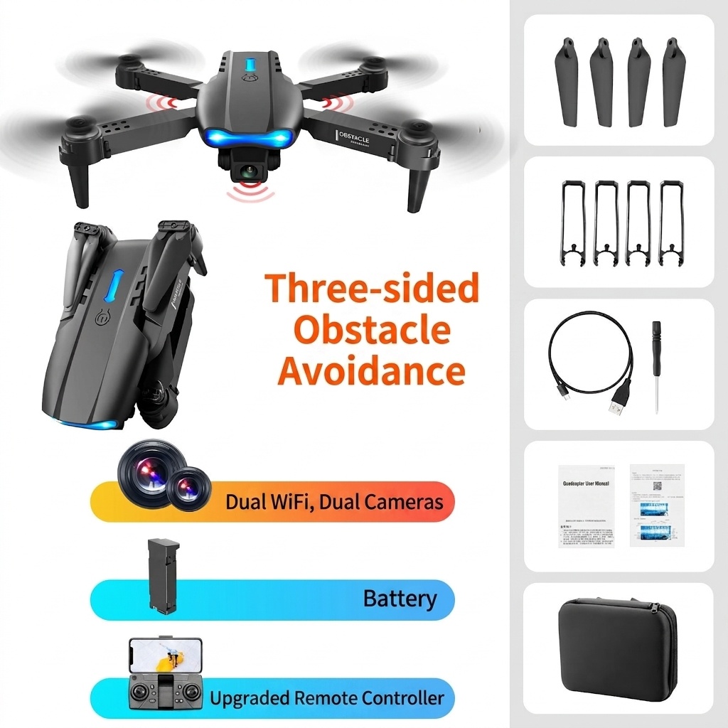 E99 4K UHD Foldable Drone with Dual Camera, Intelligent Obstacle Avoidance, Long Range Control, RC Quadcopter for Beginners