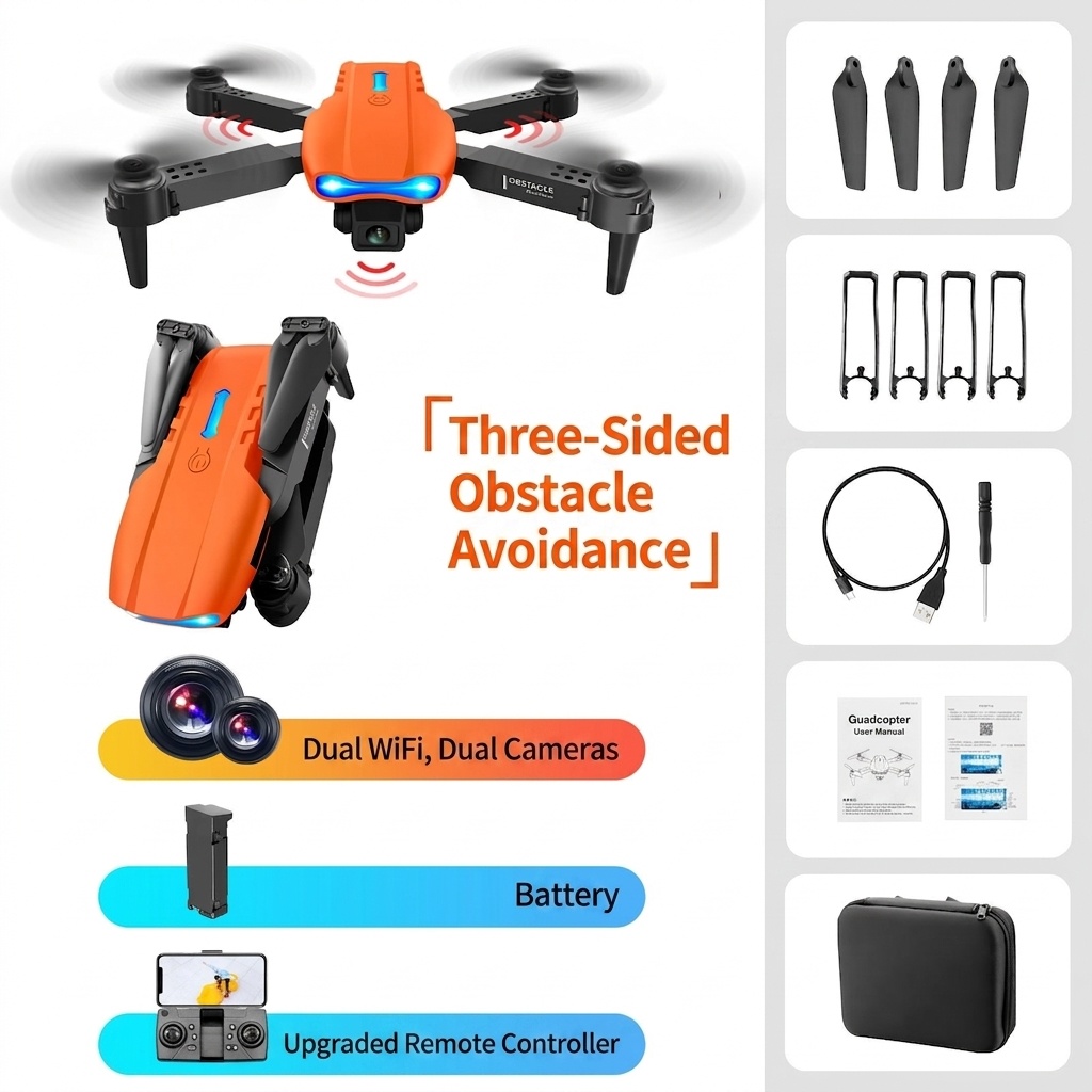 E99 4K UHD Foldable Drone with Dual Camera, Intelligent Obstacle Avoidance, Long Range Control, RC Quadcopter for Beginners