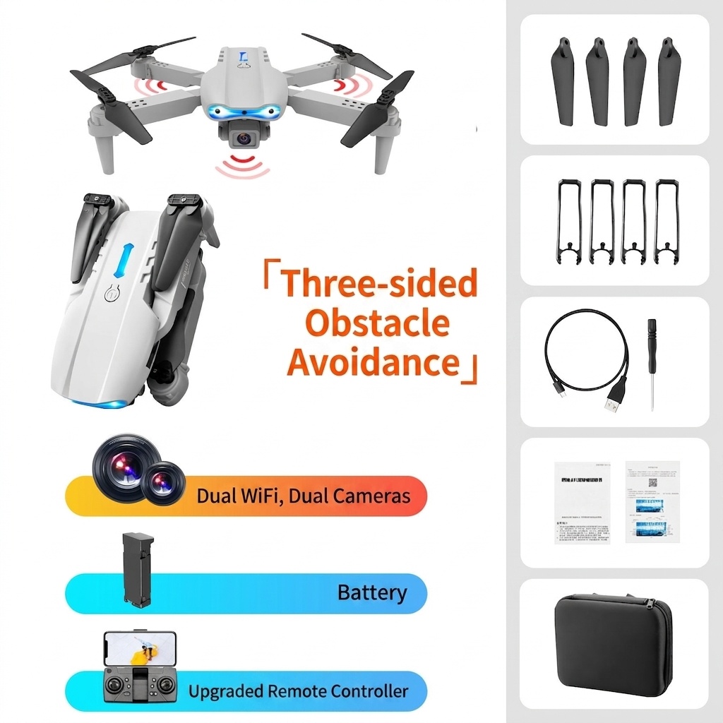 E99 4K UHD Foldable Drone with Dual Camera, Intelligent Obstacle Avoidance, Long Range Control, RC Quadcopter for Beginners