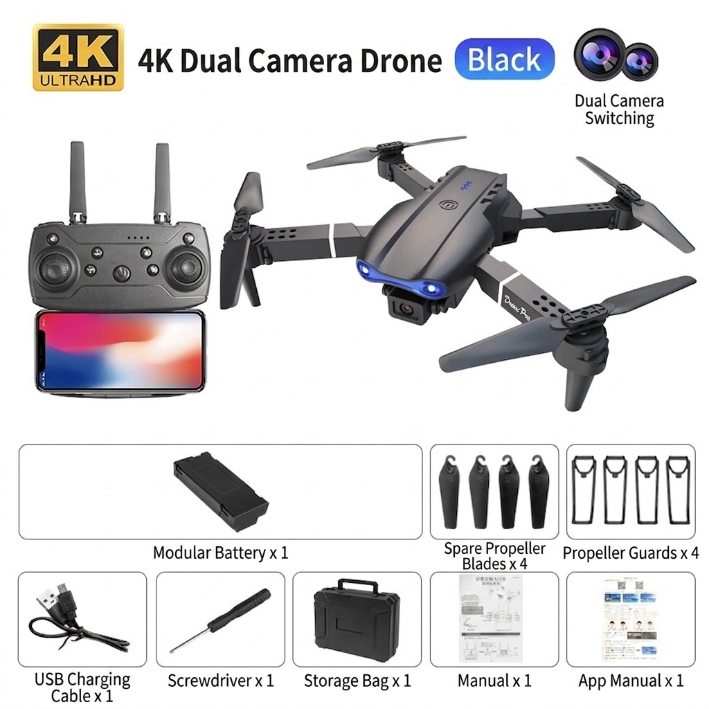 E99 Pro K3 4K Dual Camera Drone, Foldable RC Quadcopter with Optical Flow Positioning and Intelligent Obstacle Avoidance