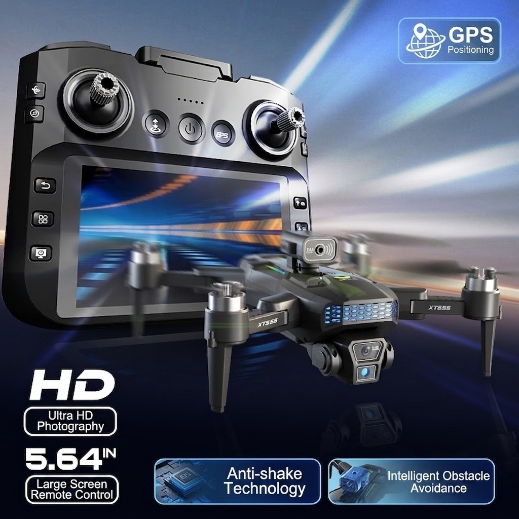 XT555 Screen Drone with HD Camera, GPS Positioning, Intelligent Obstacle Avoidance, 5.64-inch Screen Remote Control