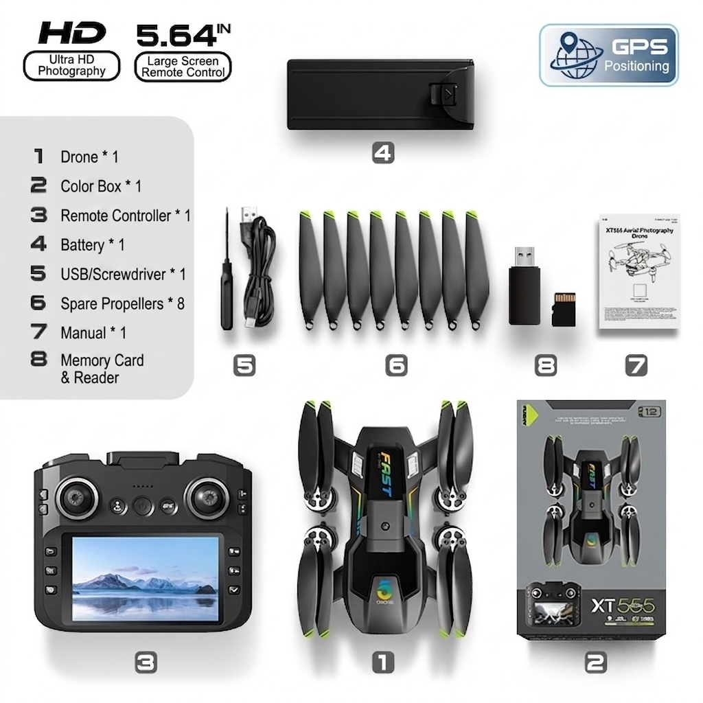 XT555 Screen Drone with HD Camera, GPS Positioning, Intelligent Obstacle Avoidance, 5.64-inch Screen Remote Control