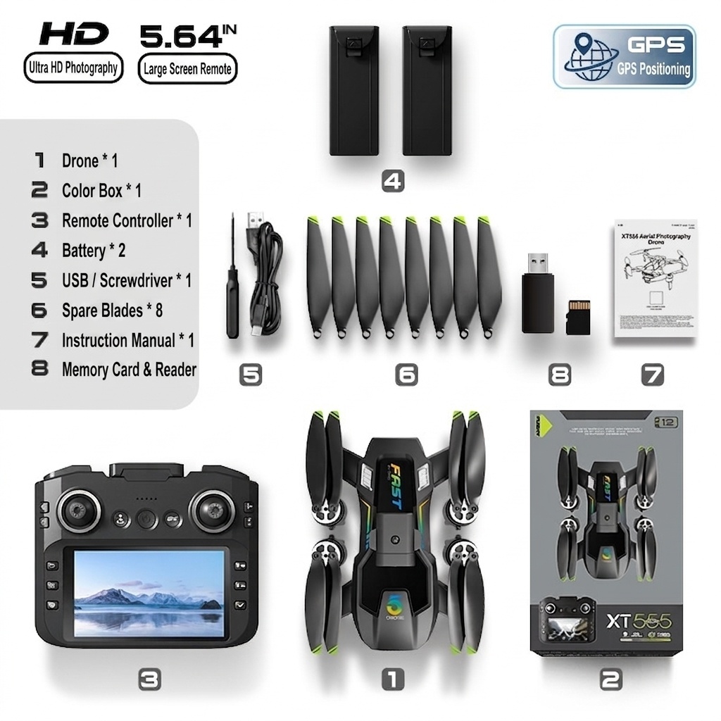 XT555 Screen Drone with HD Camera, GPS Positioning, Intelligent Obstacle Avoidance, 5.64-inch Screen Remote Control
