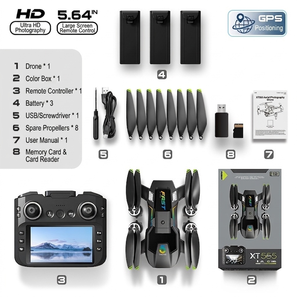XT555 Screen Drone with HD Camera, GPS Positioning, Intelligent Obstacle Avoidance, 5.64-inch Screen Remote Control