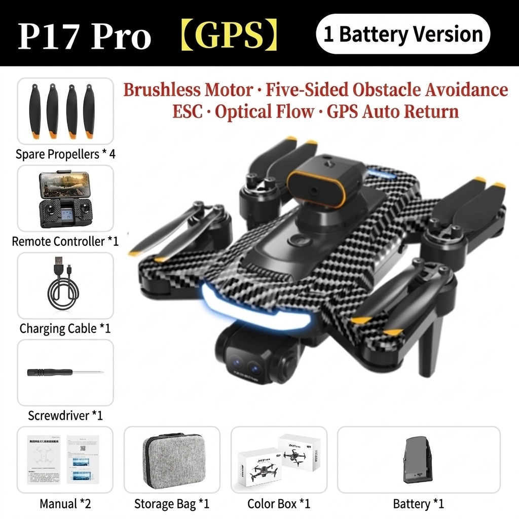 P17 Pro GPS Brushless Drone with 4K Camera, 540° Obstacle Avoidance, Optical Flow Positioning, Foldable RC Quadcopter