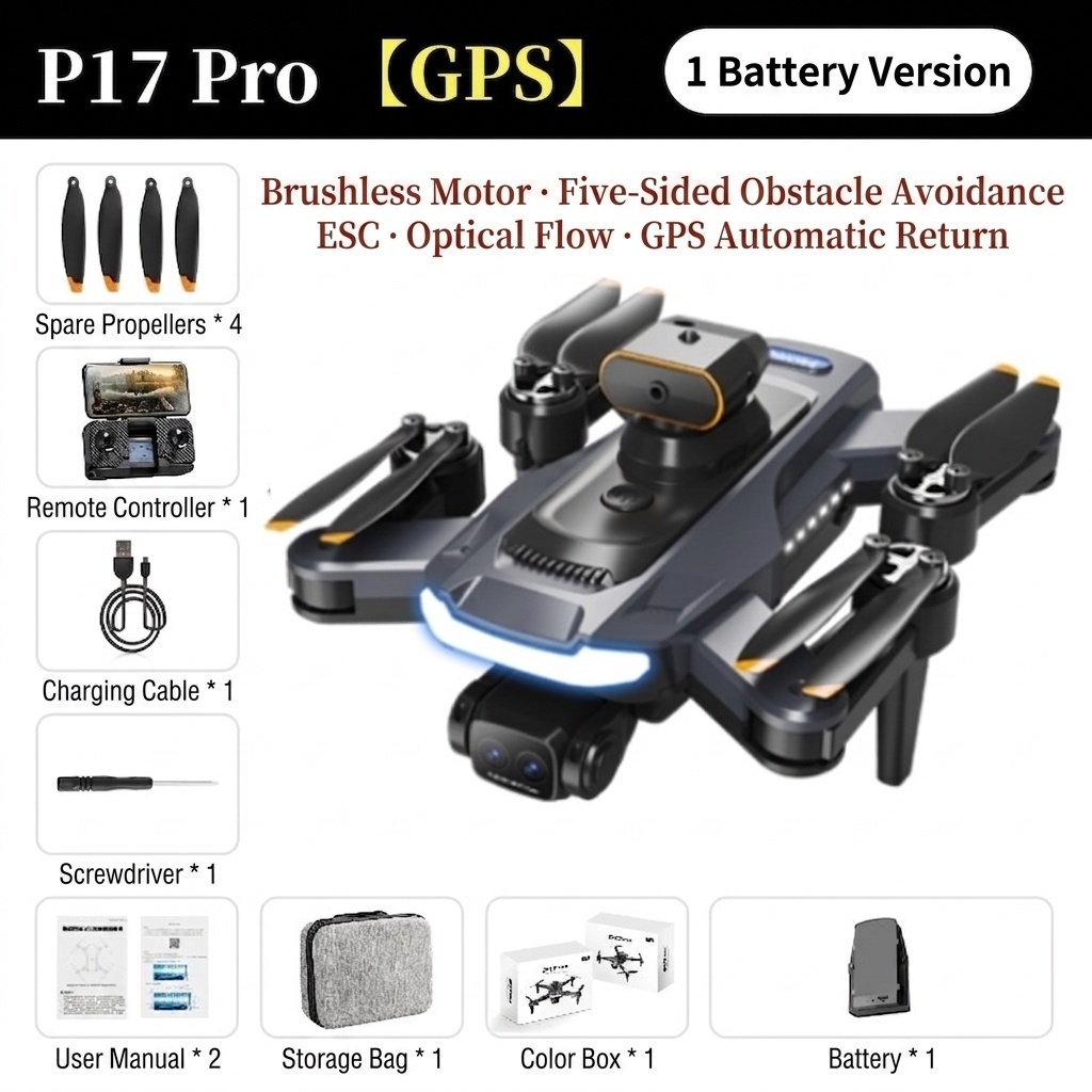 P17 Pro GPS Brushless Drone with 4K Camera, 540° Obstacle Avoidance, Optical Flow Positioning, Foldable RC Quadcopter