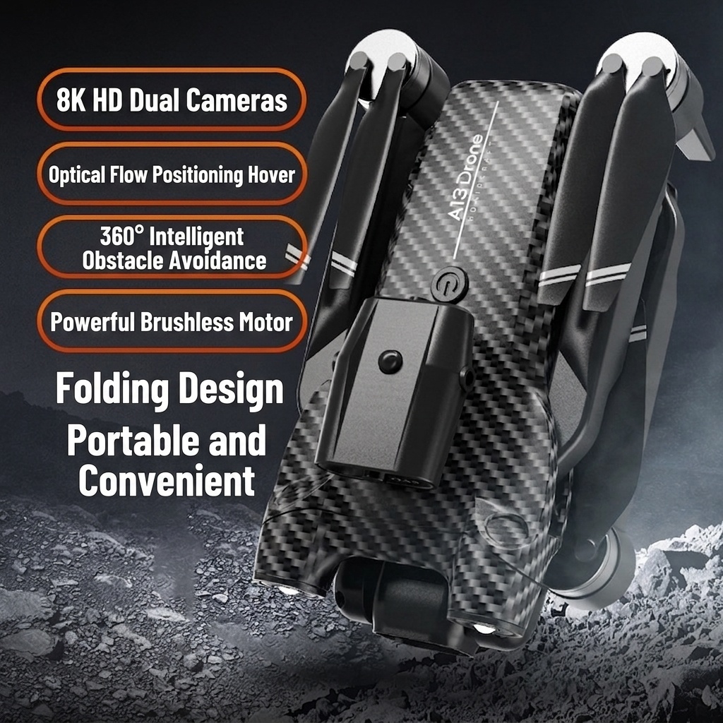 A13 8K Ultra HD Foldable Drone with Dual Camera, 360° Laser Obstacle Avoidance, Brushless Motor, Optical Flow Positioning