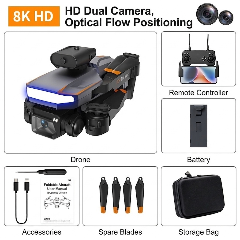 TOP Pro Max P18 8K HD Foldable Drone with 3-Camera System, 540° Intelligent Obstacle Avoidance, Optical Flow Positioning