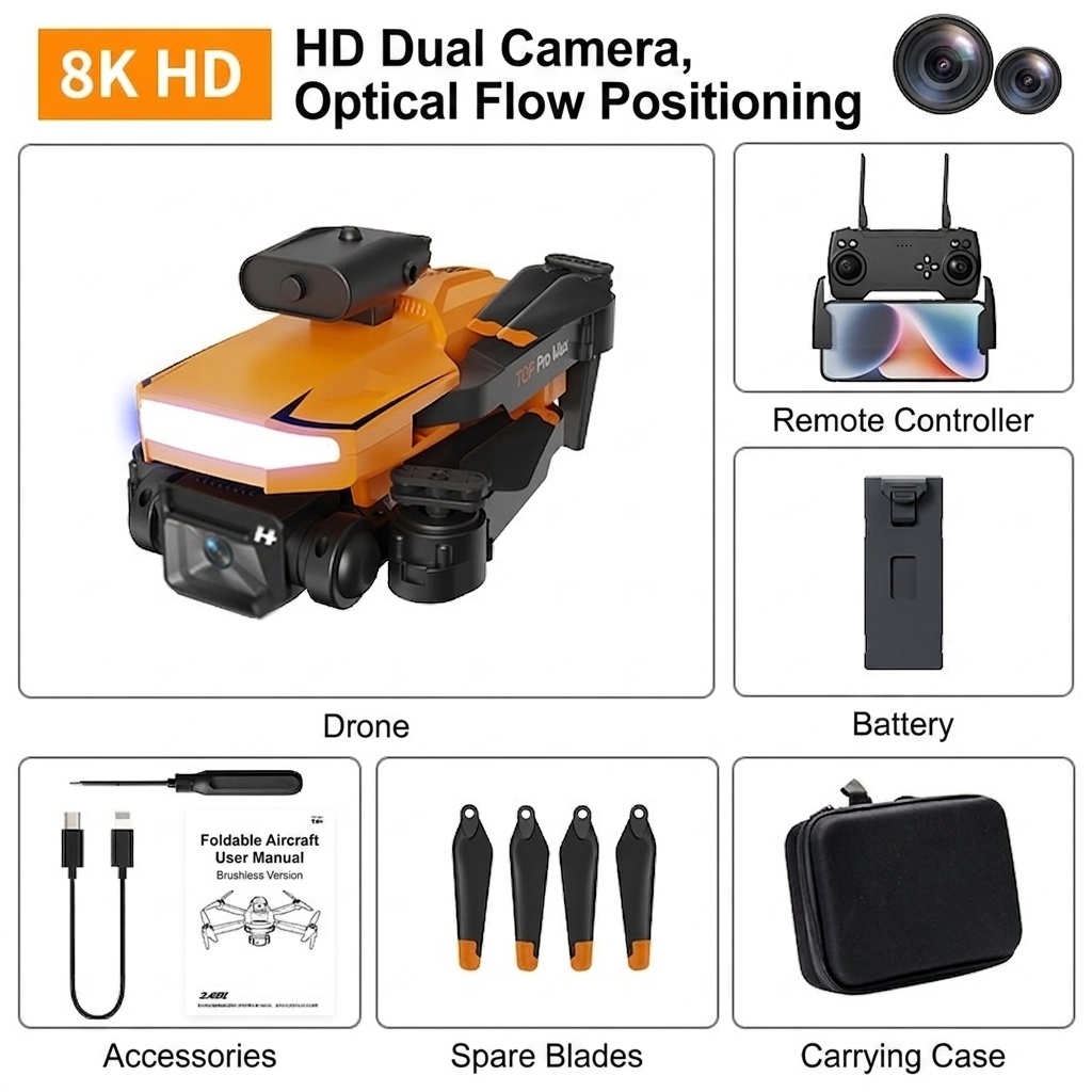 TOP Pro Max P18 8K HD Foldable Drone with 3-Camera System, 540° Intelligent Obstacle Avoidance, Optical Flow Positioning