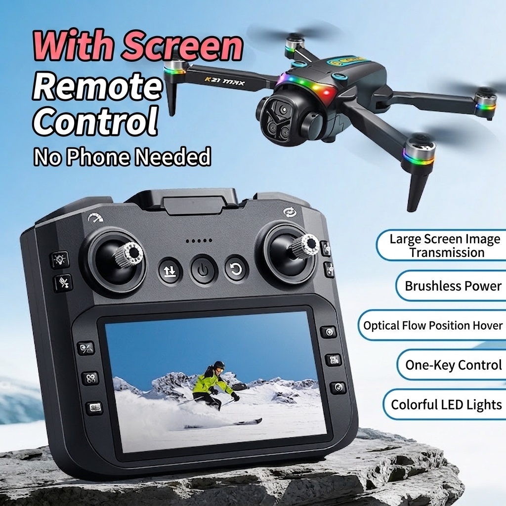 K21 MAX 4K Drone with 4.3-inch Screen Remote, Optical Flow Positioning, Vibrant RGB Lights, Foldable RC Quadcopter