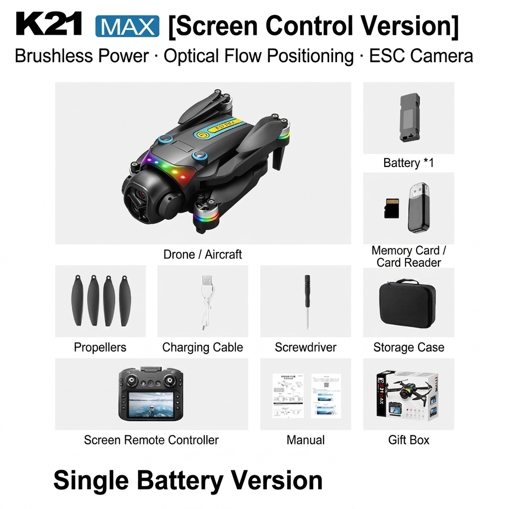 K21 MAX 4K Drone with 4.3-inch Screen Remote, Optical Flow Positioning, Vibrant RGB Lights, Foldable RC Quadcopter