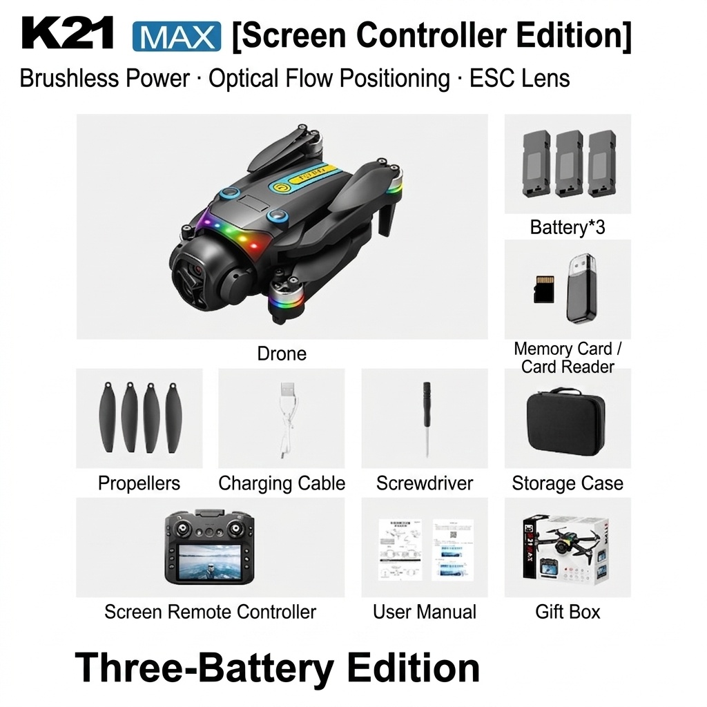 K21 MAX 4K Drone with 4.3-inch Screen Remote, Optical Flow Positioning, Vibrant RGB Lights, Foldable RC Quadcopter