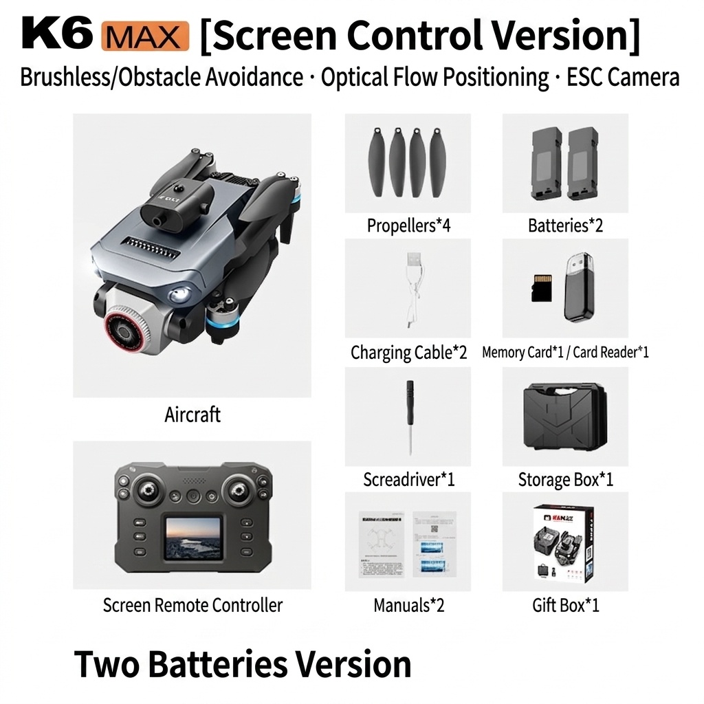 K6 Max Drone with 4K Camera, GPS Positioning, Screen-Equipped Remote Control, Brushless Motor, Obstacle Avoidance