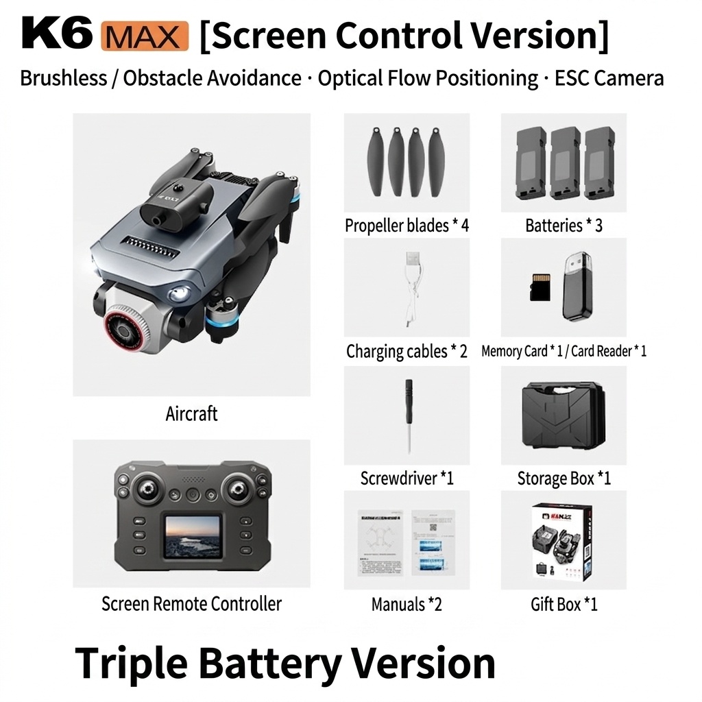 K6 Max Drone with 4K Camera, GPS Positioning, Screen-Equipped Remote Control, Brushless Motor, Obstacle Avoidance
