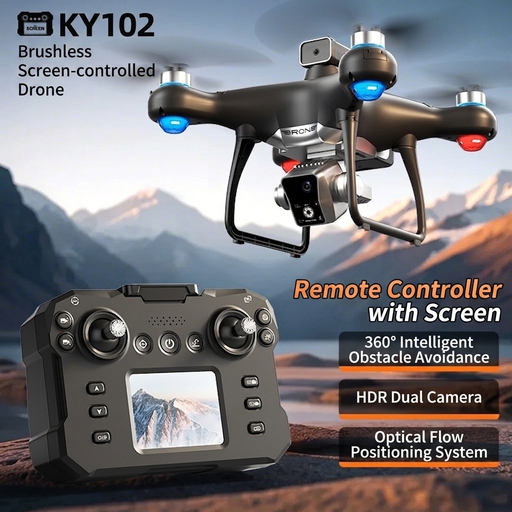 KY102 4K Drone with Screen Remote Control, 360° Intelligent Obstacle Avoidance, Brushless Motor, Foldable Quadcopter