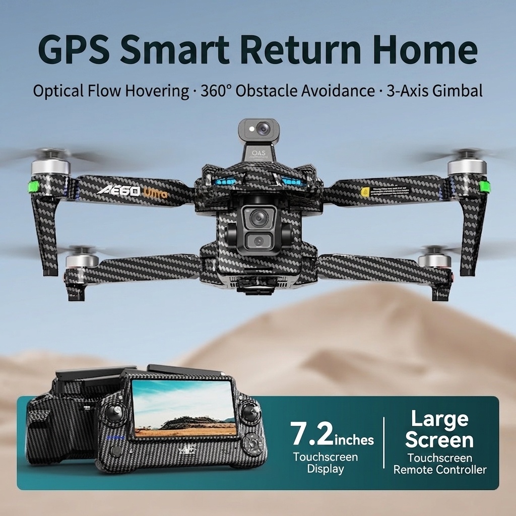 AE60 Brushless Drone with 4K Camera, GPS Return, 7.2-inch Large Screen Remote, 3-Axis Gimbal, Long Range FPV