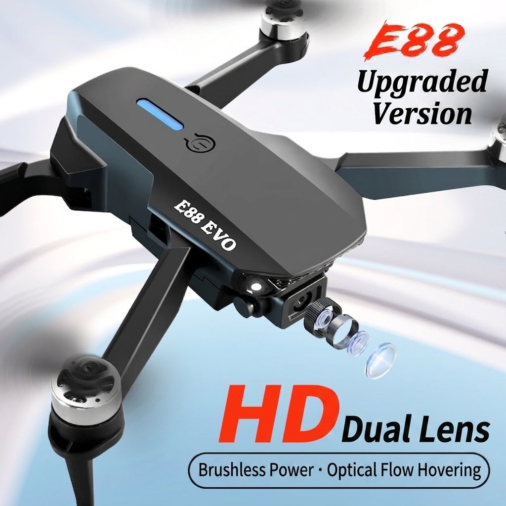 E88 EVO Foldable Drone with Dual HD Camera, Brushless Motor, Optical Flow Hovering, Long Flight Time Quadcopter