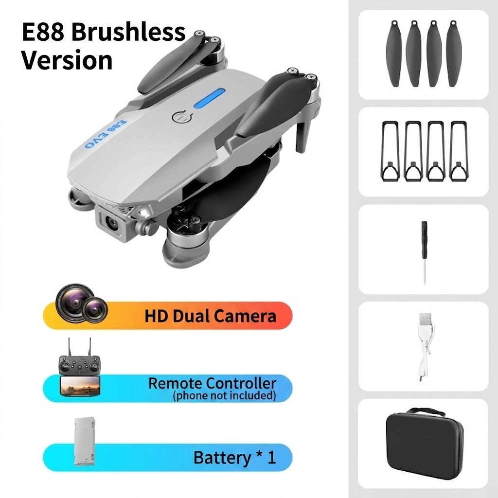 E88 EVO Foldable Drone with Dual HD Camera, Brushless Motor, Optical Flow Hovering, Long Flight Time Quadcopter