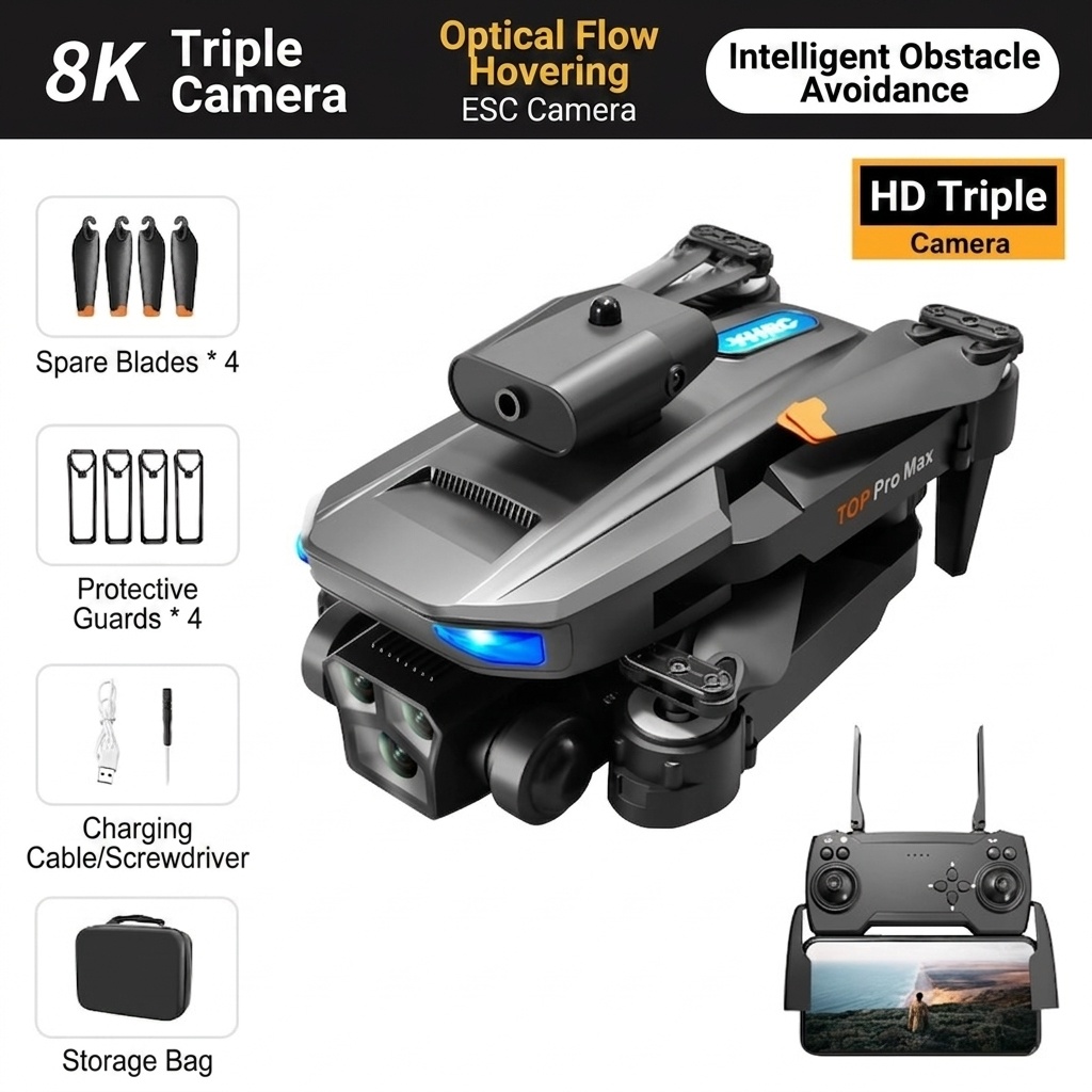 P10 MAX PRO 8K Drohne mit Dreifachkamerasystem, optischer Flusspositionierung, intelligenter Hindernisvermeidung, faltbarer Quadcopter