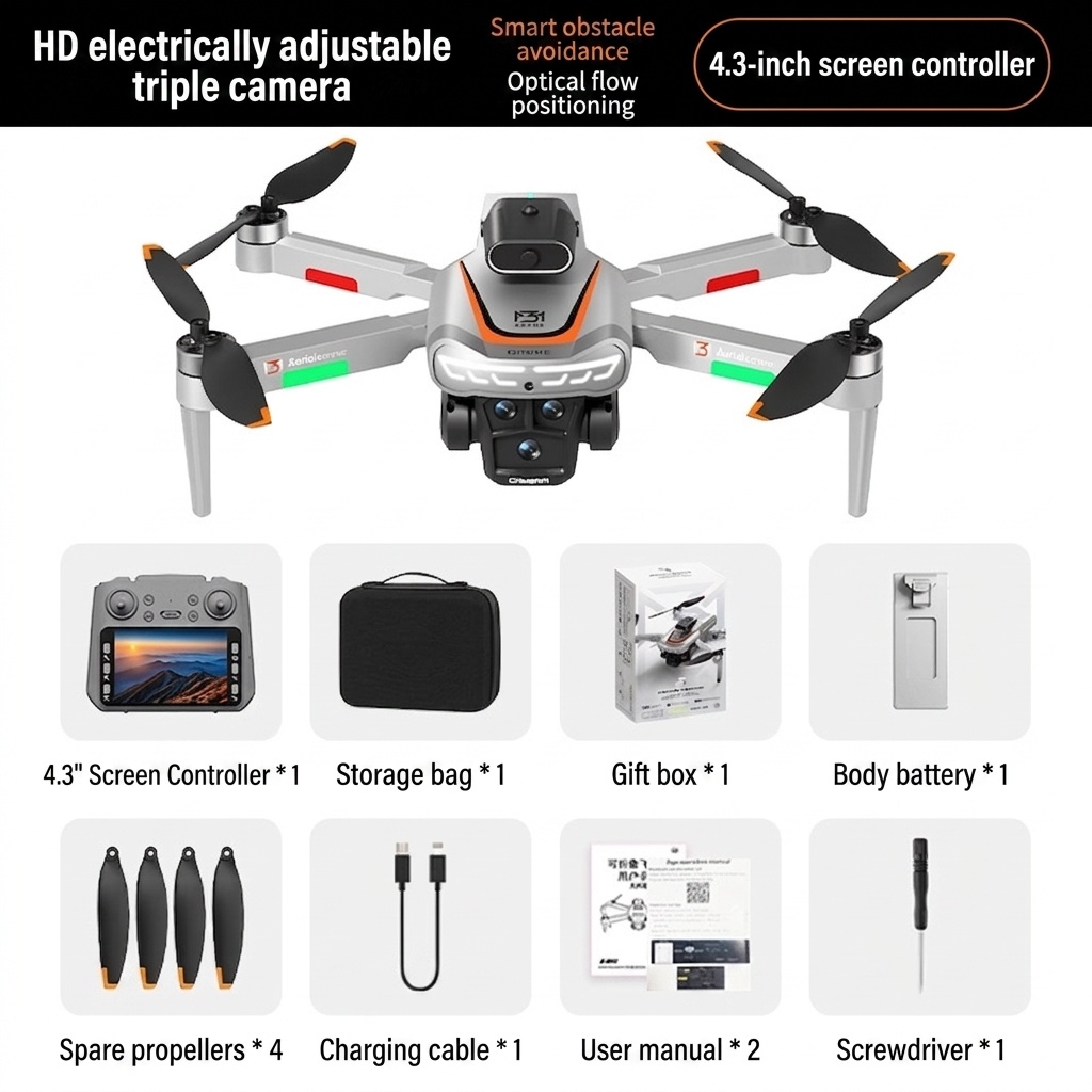 Dron M3 4K sin escobillas con cámara HD, evitación inteligente de obstáculos, control remoto con pantalla de 4,3 pulgadas, tiempo de vuelo prolongado.