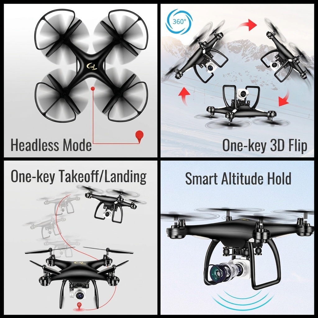 Dron aéreo de 8 segundos con cámara HD, modos de vuelo inteligentes, mantenimiento de altitud, batería de larga duración y cuadricóptero de fácil control.
