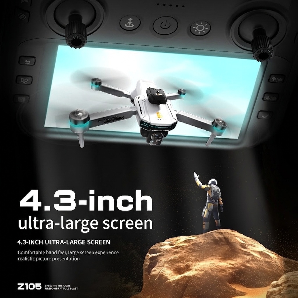 Dron RC plegable Z105 con control remoto de pantalla de 4,3 pulgadas, cámara antivibración, posicionamiento por flujo óptico y motor sin escobillas.