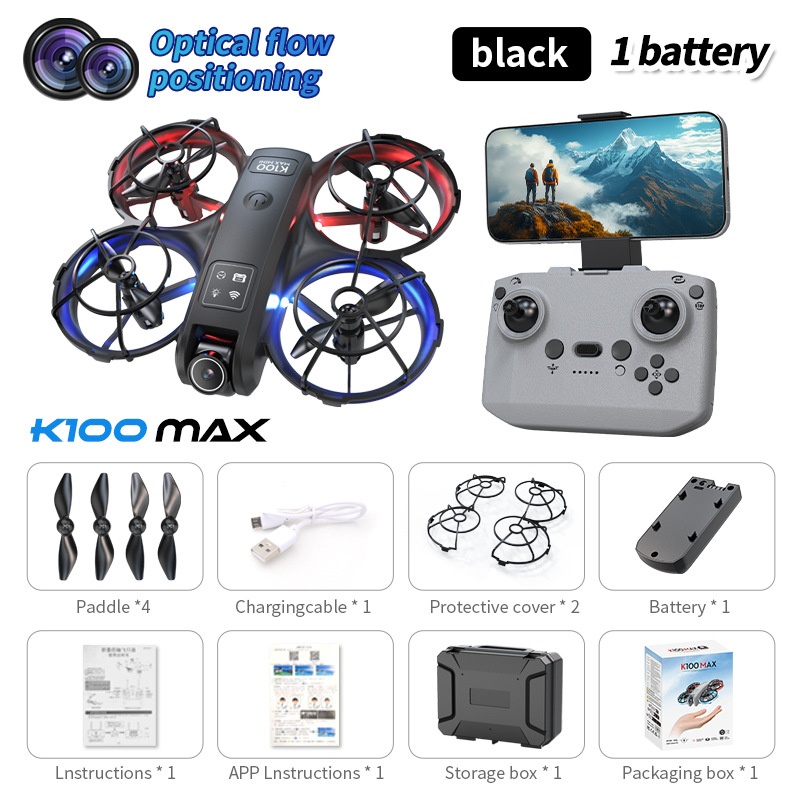 Minidron K100 Max con cámara HD, posicionamiento por flujo óptico, control remoto con pantalla, cuadricóptero RC plegable.