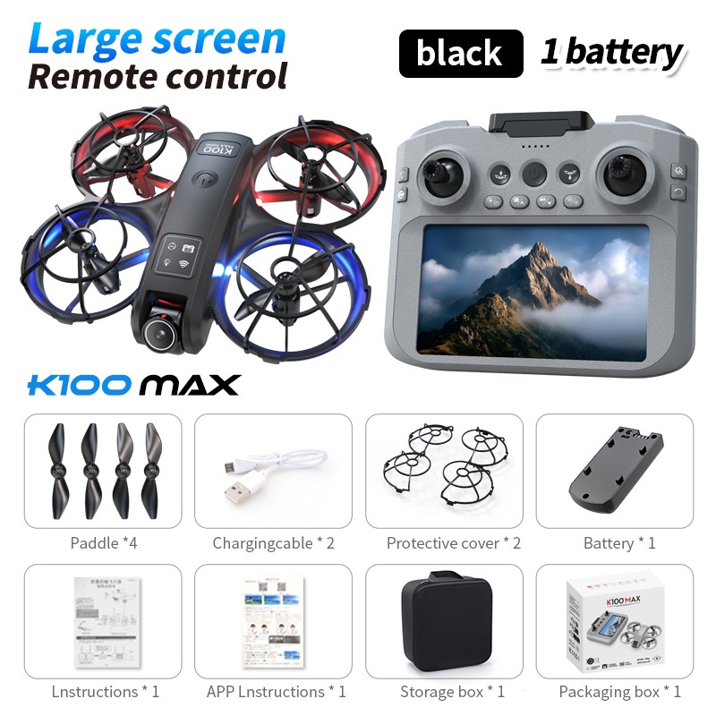 Minidron K100 Max con cámara HD, posicionamiento por flujo óptico, control remoto con pantalla, cuadricóptero RC plegable.
