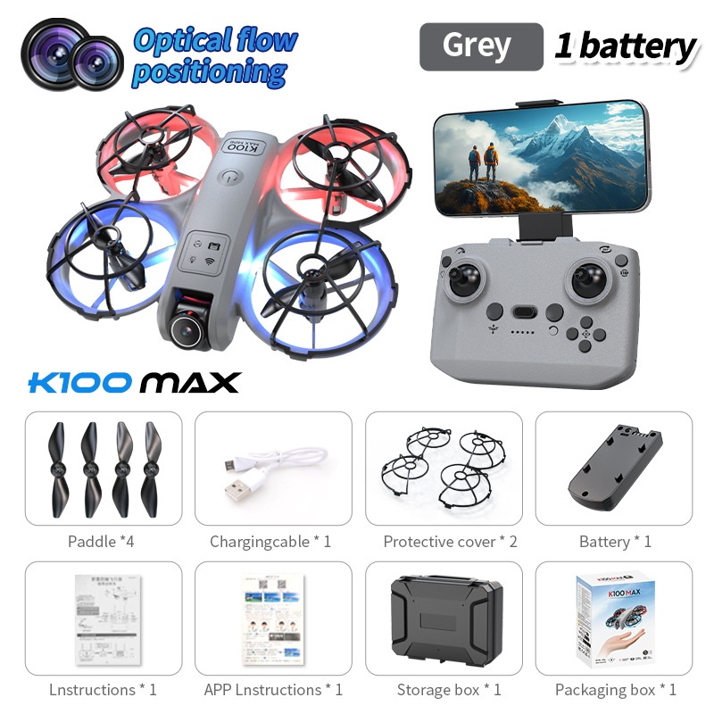 Minidron K100 Max con cámara HD, posicionamiento por flujo óptico, control remoto con pantalla, cuadricóptero RC plegable.