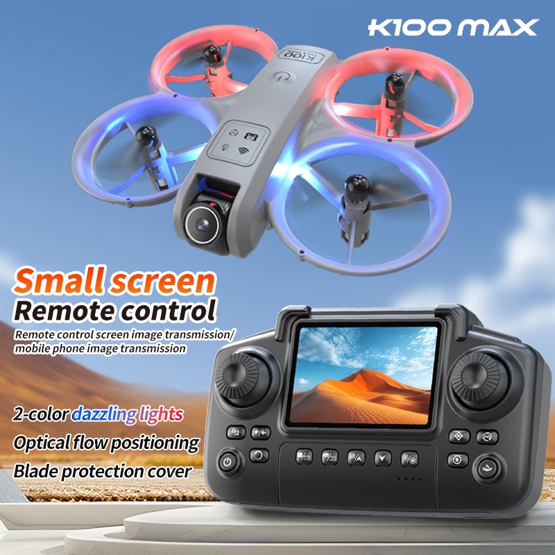 Minidron K100 Max con cámara HD, posicionamiento por flujo óptico, control remoto con pantalla, cuadricóptero RC plegable.