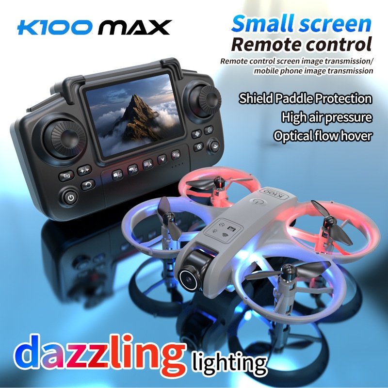 Minidron K100 Max con cámara HD, posicionamiento por flujo óptico, control remoto con pantalla, cuadricóptero RC plegable.