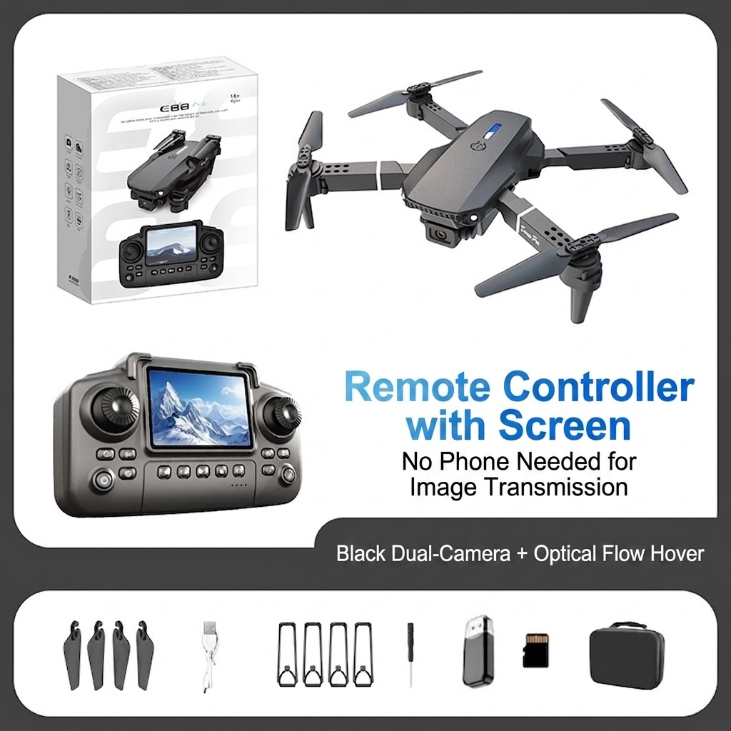 Dron plegable E88 Pro 4K con cámara dual HD, posicionamiento por flujo óptico, control remoto con pantalla, cuadricóptero RC