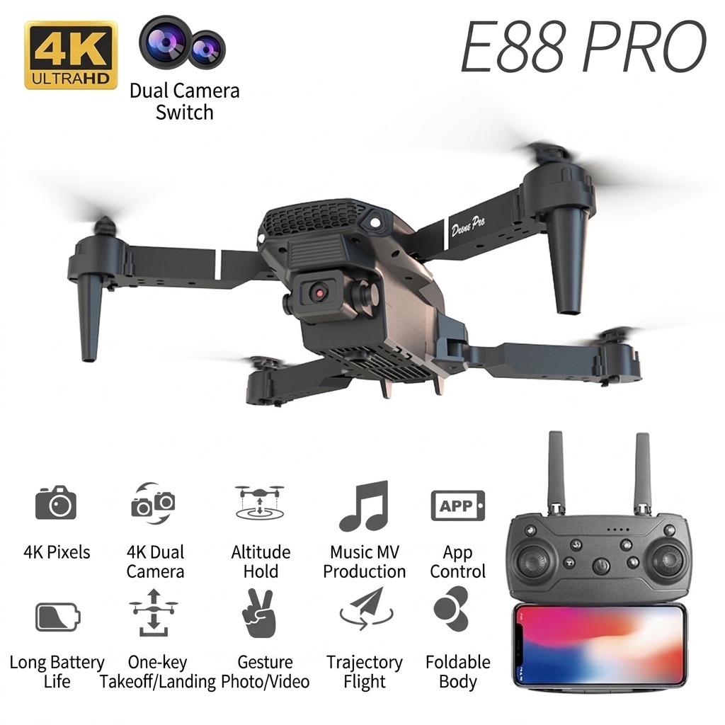 Dron plegable E88 Pro 4K con cámara dual HD, posicionamiento por flujo óptico, control remoto con pantalla, cuadricóptero RC
