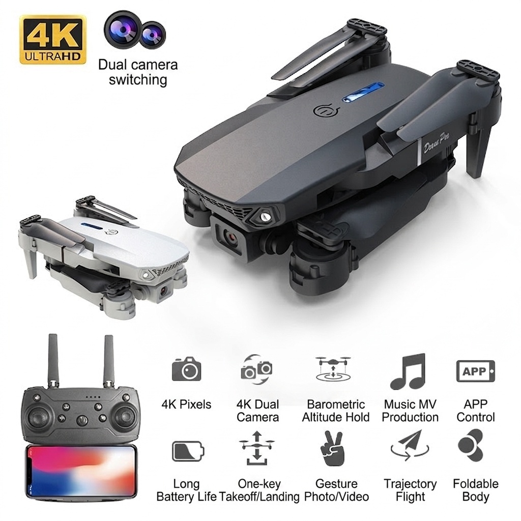 Dron plegable E88 Pro 4K con cámara dual HD, posicionamiento por flujo óptico, control remoto con pantalla, cuadricóptero RC