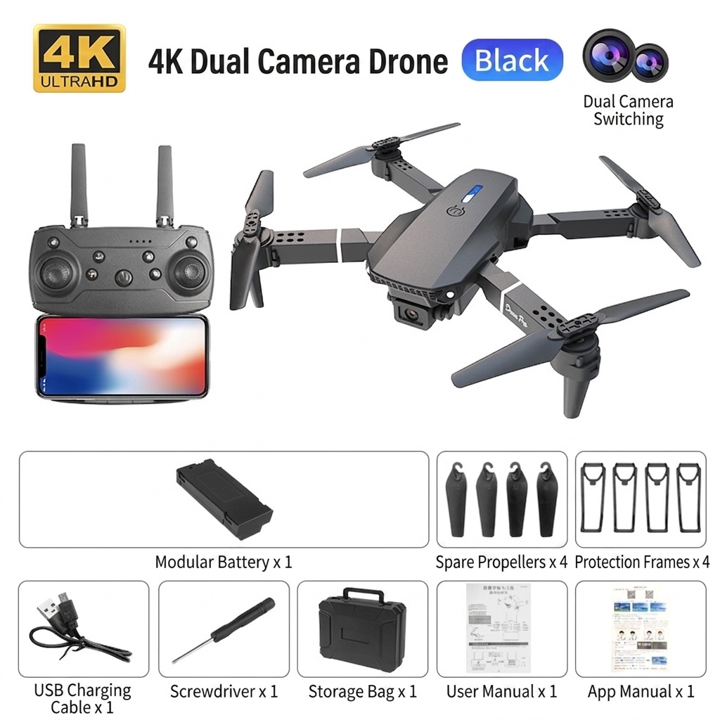 Dron plegable E88 Pro 4K con cámara dual HD, posicionamiento por flujo óptico, control remoto con pantalla, cuadricóptero RC