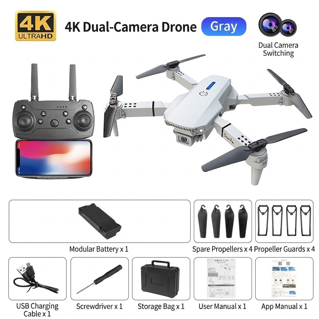Dron plegable E88 Pro 4K con cámara dual HD, posicionamiento por flujo óptico, control remoto con pantalla, cuadricóptero RC