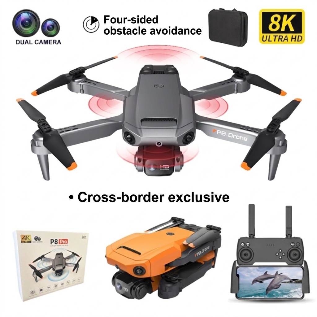 Dron P8 8K con doble cámara, GPS, FPV, cuadricóptero, evitación de obstáculos de 360°, posicionamiento por flujo óptico y diseño plegable.