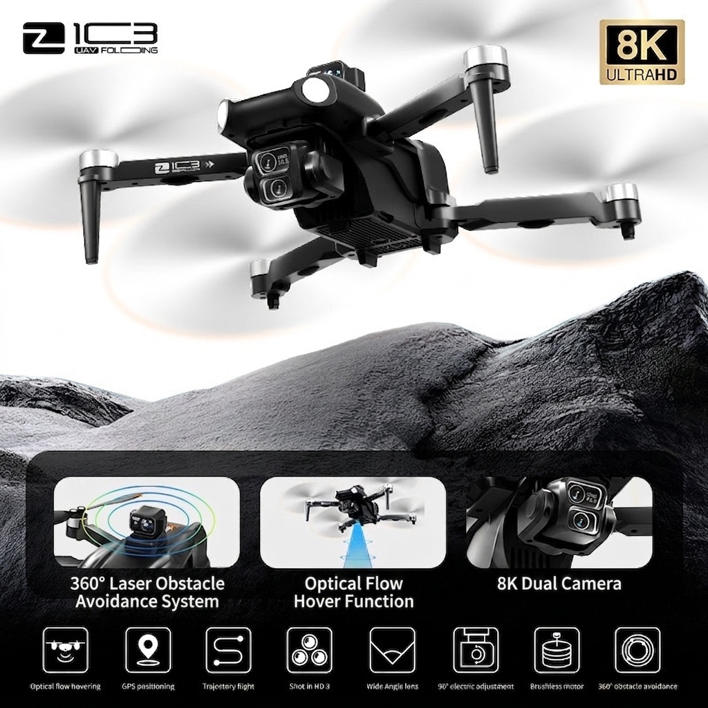 Dron GPS Z1C3 8K UHD con pantalla de 4,5 pulgadas, control remoto, sistema inteligente de evitación de obstáculos por láser y motor sin escobillas.