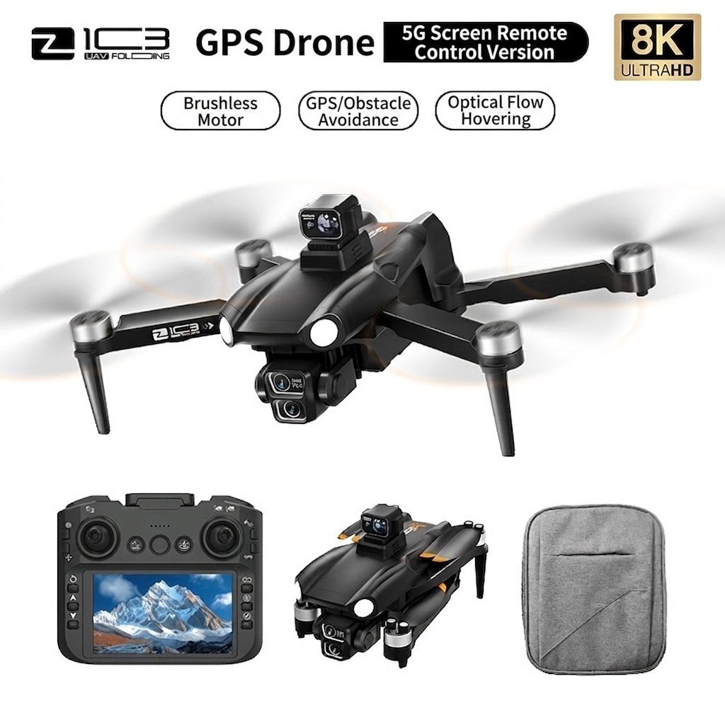 Dron GPS Z1C3 8K UHD con pantalla de 4,5 pulgadas, control remoto, sistema inteligente de evitación de obstáculos por láser y motor sin escobillas.