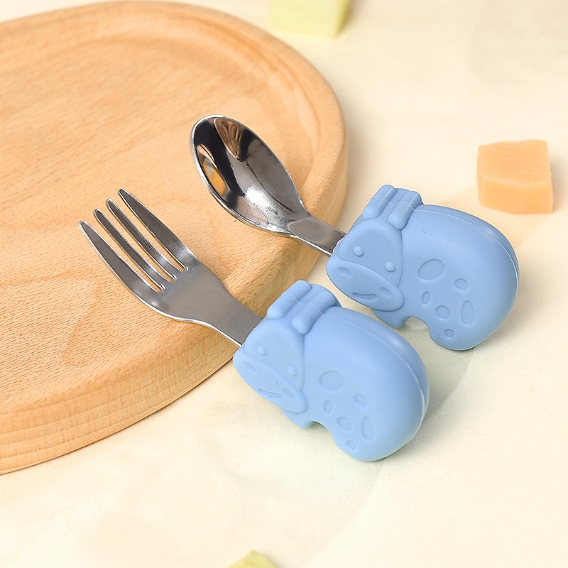 Baby Self-Feeding Spoon & Fork Set - Silicone & Steel