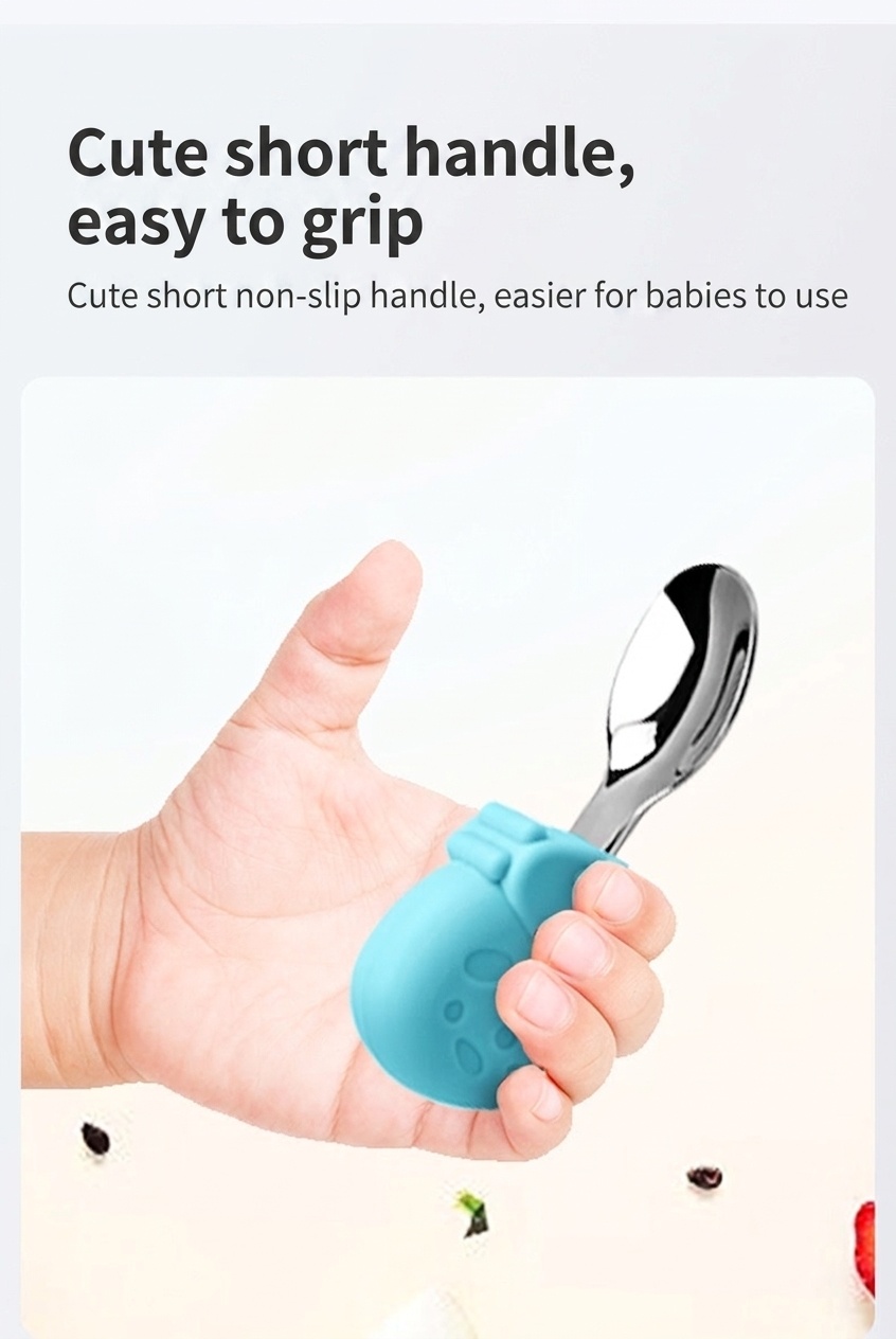 Baby Self-Feeding Spoon & Fork Set - Silicone & Steel