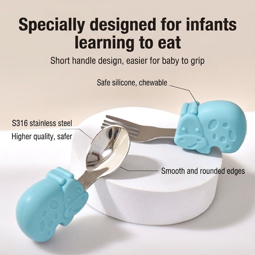 Baby Self-Feeding Spoon & Fork Set - Silicone & Steel
