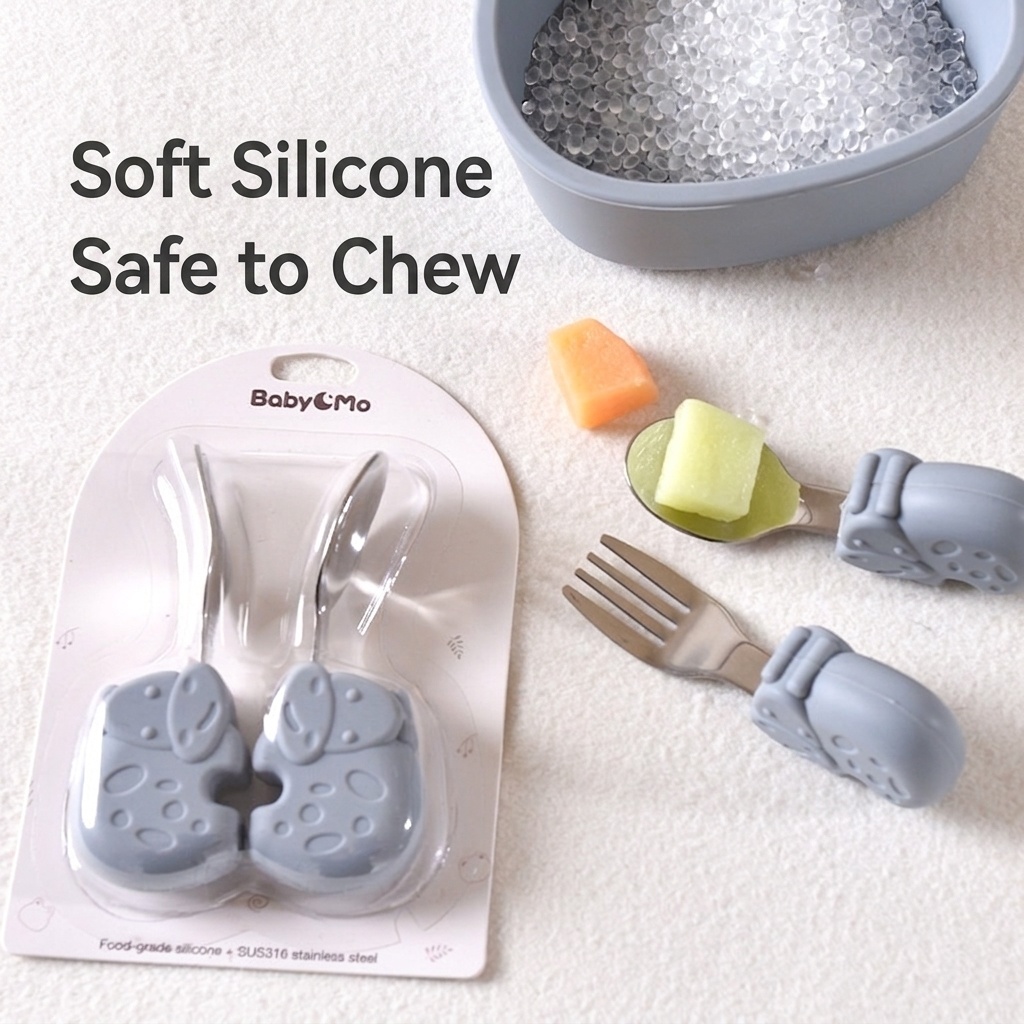 Baby Self-Feeding Spoon & Fork Set - Silicone & Steel