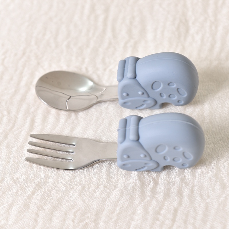 Baby Self-Feeding Spoon & Fork Set - Silicone & Steel