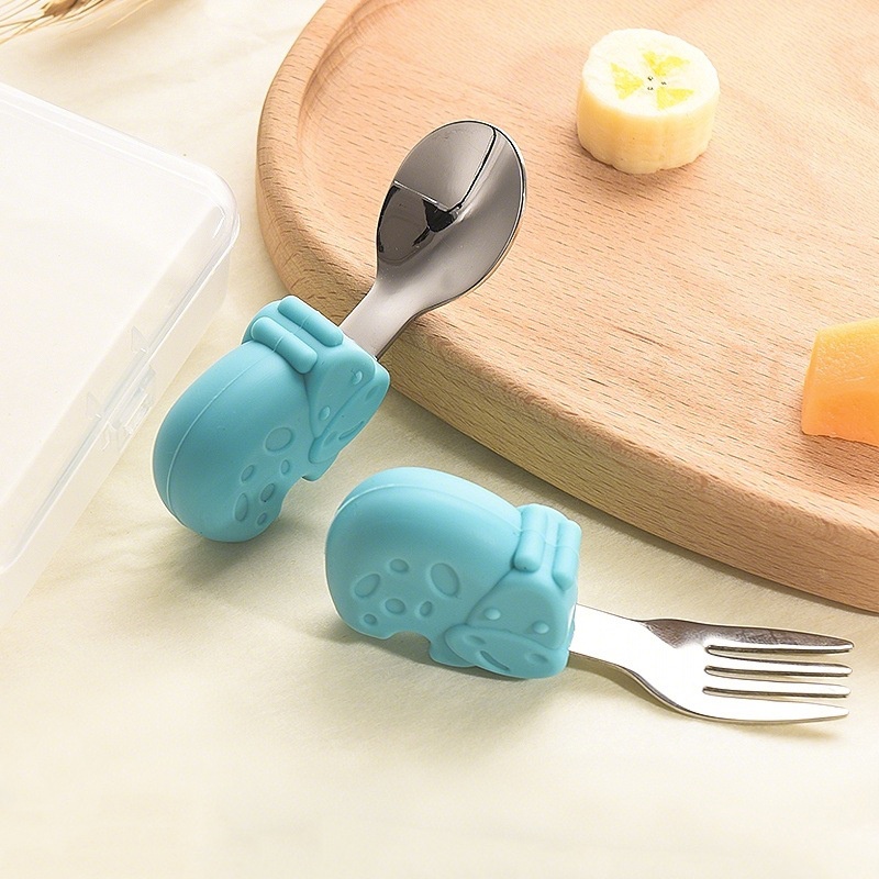 Baby Self-Feeding Spoon & Fork Set - Silicone & Steel